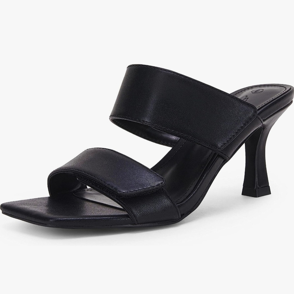 Ermonn Womens Two Strap Heeled Sandals Velcro Slip On Square Open Toe Stiletto